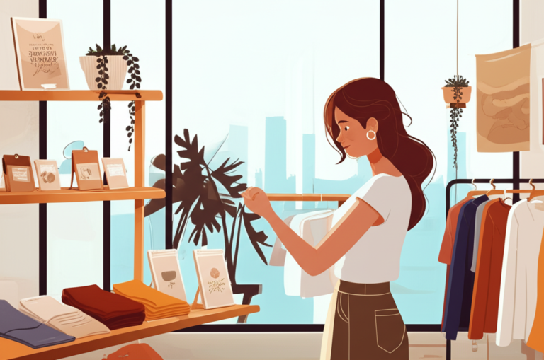 Consumo Consciente e Sustentável Mulher sorrindo enquanto compra em uma loja com produtos sustentáveis