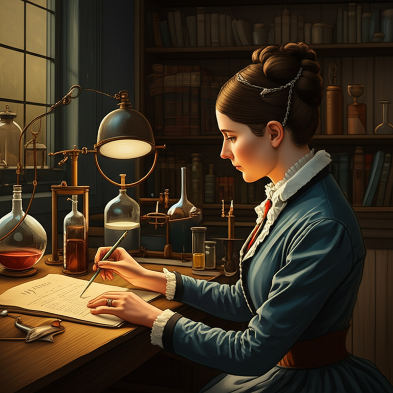 Cientista no Século XIX Mulher cientista trabalhando em laboratório antigo