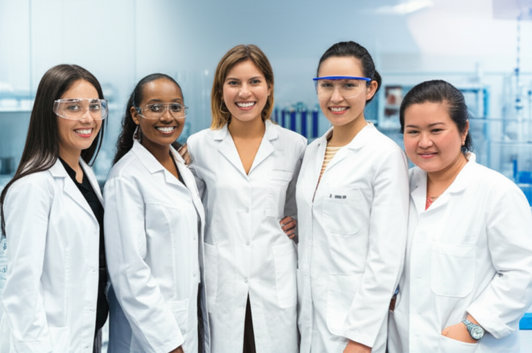 Mulheres na Ciência Grupo diversificado de cientistas mulheres sorrindo