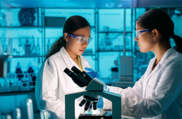Colaboração Científica Cientistas mulheres trabalhando juntas em laboratório moderno