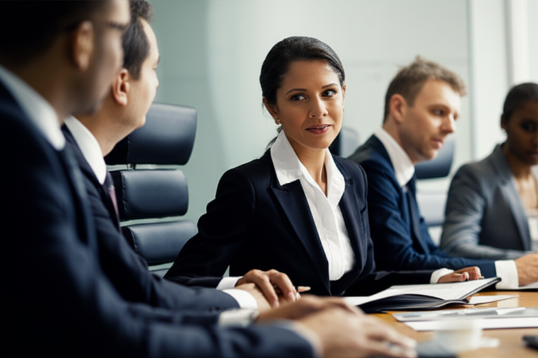 Liderança Feminina Assertiva Mulher confiante liderando uma reunião de negócios.