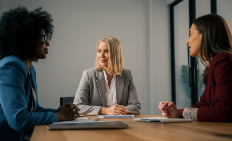 Negociação Colaborativa Mulheres colaborando em uma mesa de negociação.