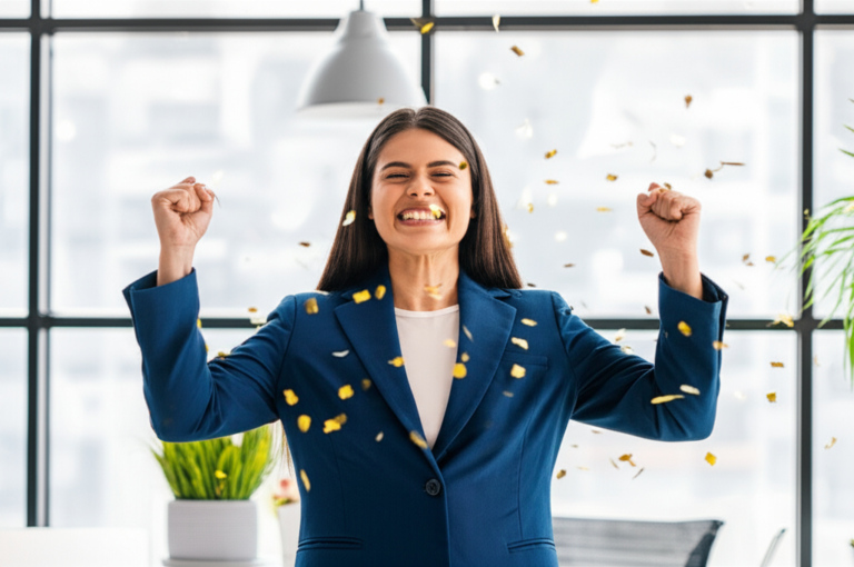 Conquista Profissional Feminina Mulher celebrando uma promoção no trabalho.