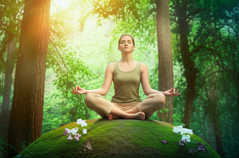 Paz Interior e Feminismo Slow Mulher meditando em meio à natureza, com expressão serena.